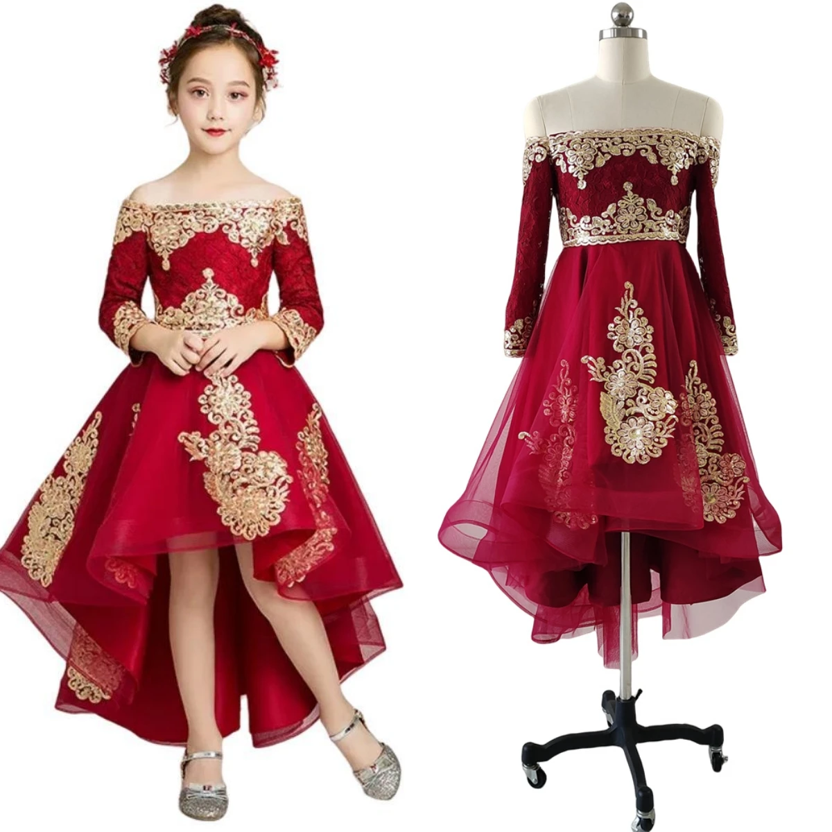 Fiori ragazze abiti pizzo bordeaux Appliques dorate scollo a barca cerniera posteriore maniche lunghe alta/bassa personalizzazione ragazza Ball Gown