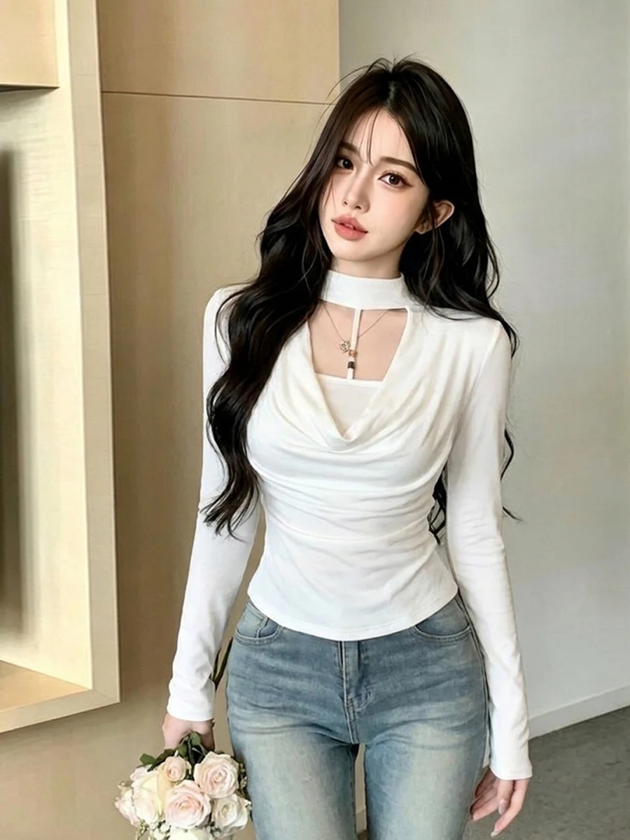Sexy Slim Fit White Long Sleeve Collarless Hang Neck Base Shirt Women's Inner Wear T-shirt Autumn New Style Pure Color Casual