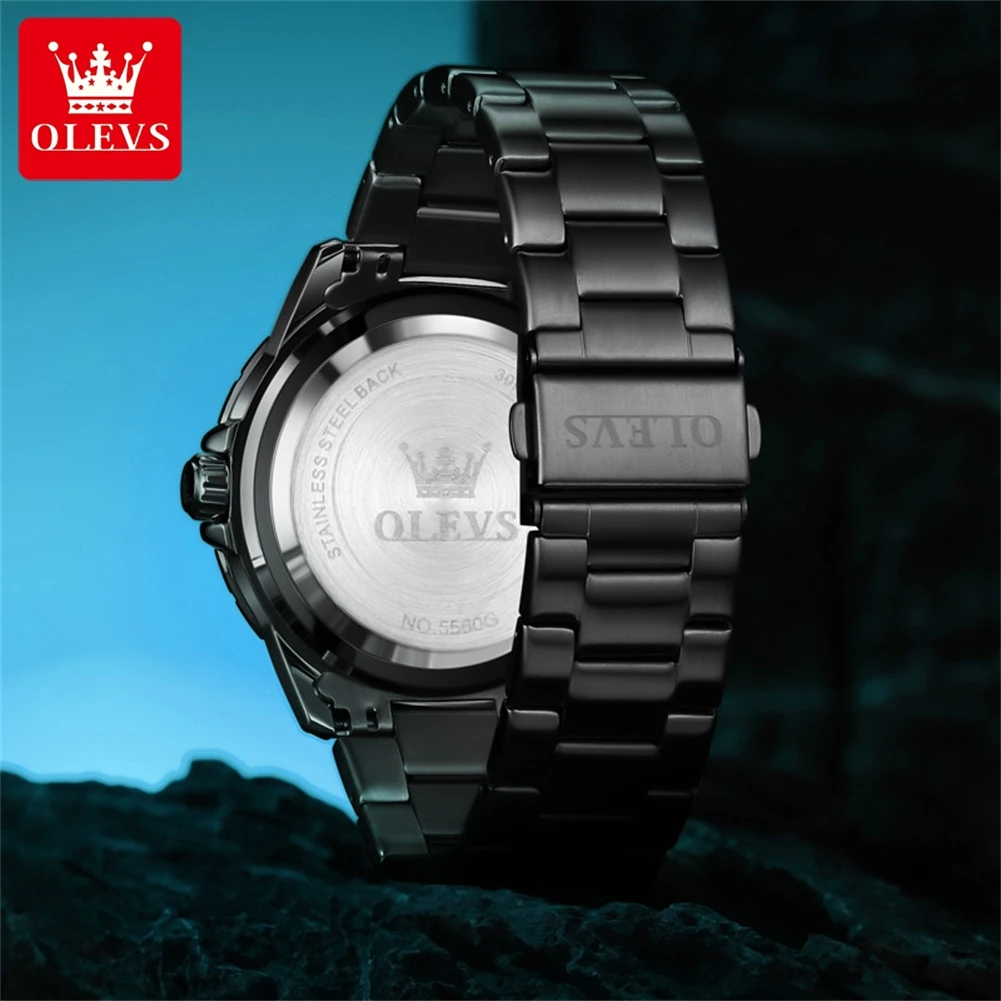 OLEVS New Luxury Stainless Steel Black Sports Quartz Watch for Men Waterproof Luminous Week Date Mens Watches Relogio Masculino