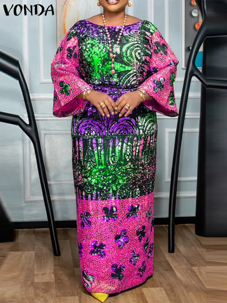 

VONDA 2025 Bohemian Women Long Maxi Dress Vintage Printed Vestidos Crew neck Flare Sleeve Party Vestidos Casual Loose Sundress