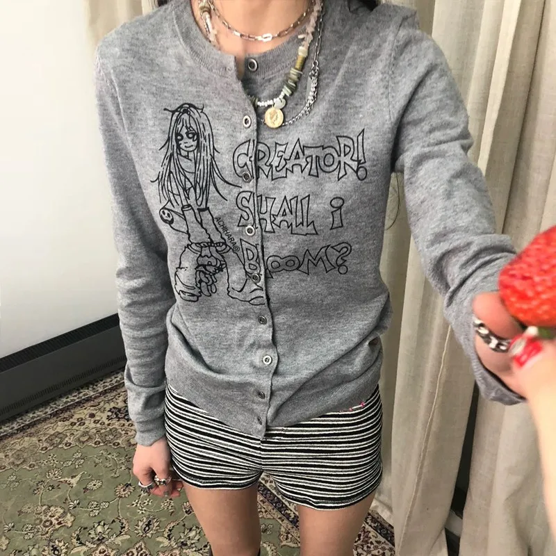 Karrram Japanese Y2k Anime Print Cardigans Vintage Harajuku Knitted Outerwears Korean Style Grey Knitwear American Retro 2000s