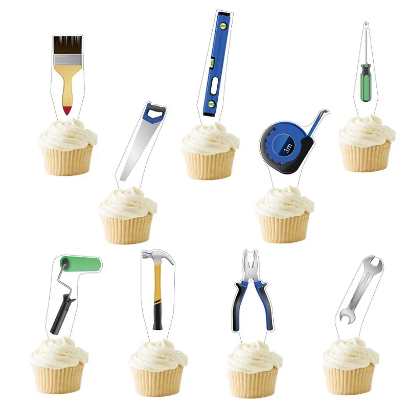 9pcs Hammer Repair Tools Cake Inserts, Toolbox Birthday Party Cake Decorations Inserts Insert Signs