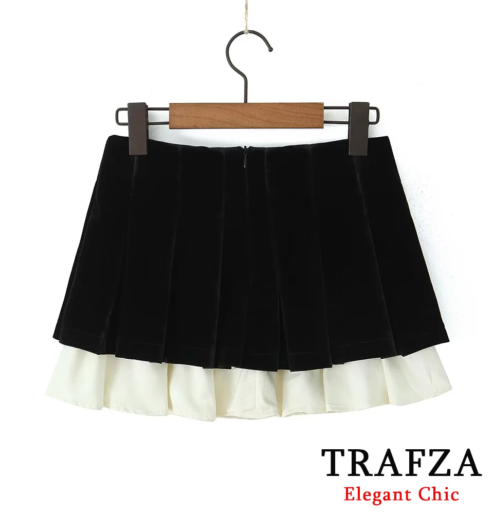 TRAFZA Preppy Velvet Patchwork Pleated Mini Skirt Women's Sexy Short Skirt with Safety Pants New 2024 Autumn Fashion Mini Skirt