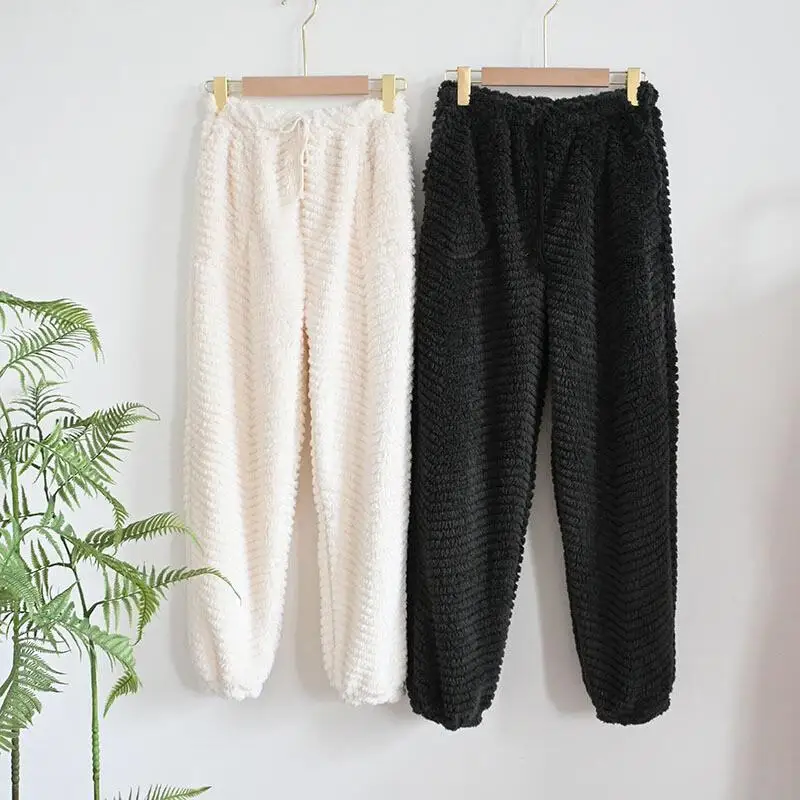 

Женские пижамные штаны, осенние и зимние фланелевые пижамные штаны для пар, эластичная однотонная домашняя одежда на флисовой подкладке с высокой талией, уличная одежда