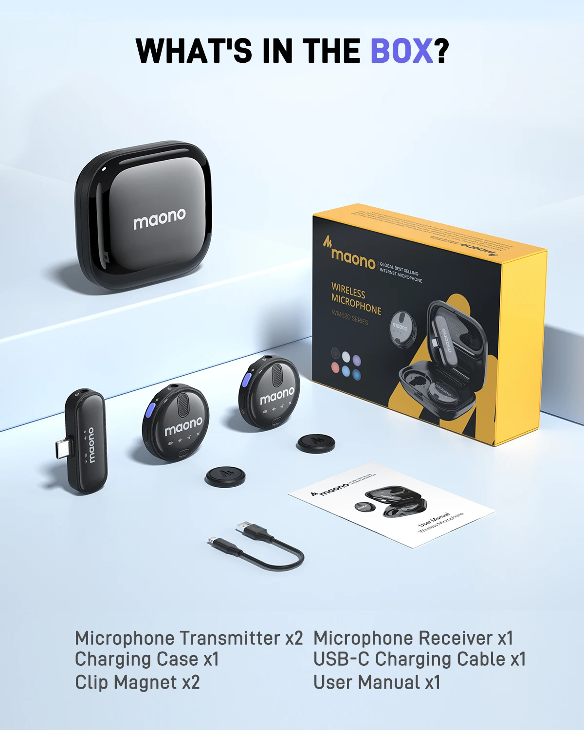 MAONO-micrófono Lavalier inalámbrico, micrófono de solapa, reducción de ruido, apto para iPhone 15,Android,USB C,TikTok,Streaming,Vlog, WM620 PC2