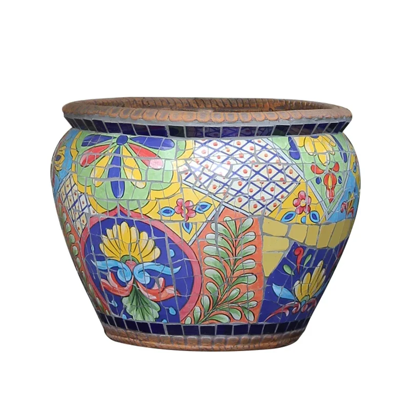 Spanish round large flower pot high-end ceramic mosaic floor-to-ceiling garden decoration creative potted plant ornament balcony