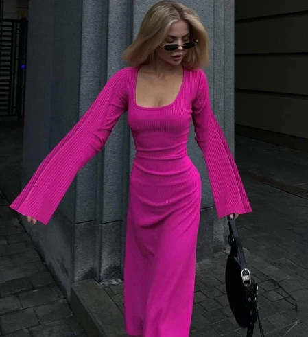 

Women's Solid Elegant Dress 2025 Autumn Winter Latest Loose U Neck Back Strap Long Sleeve Maxi Dress Flared Sleeve Long Skirt