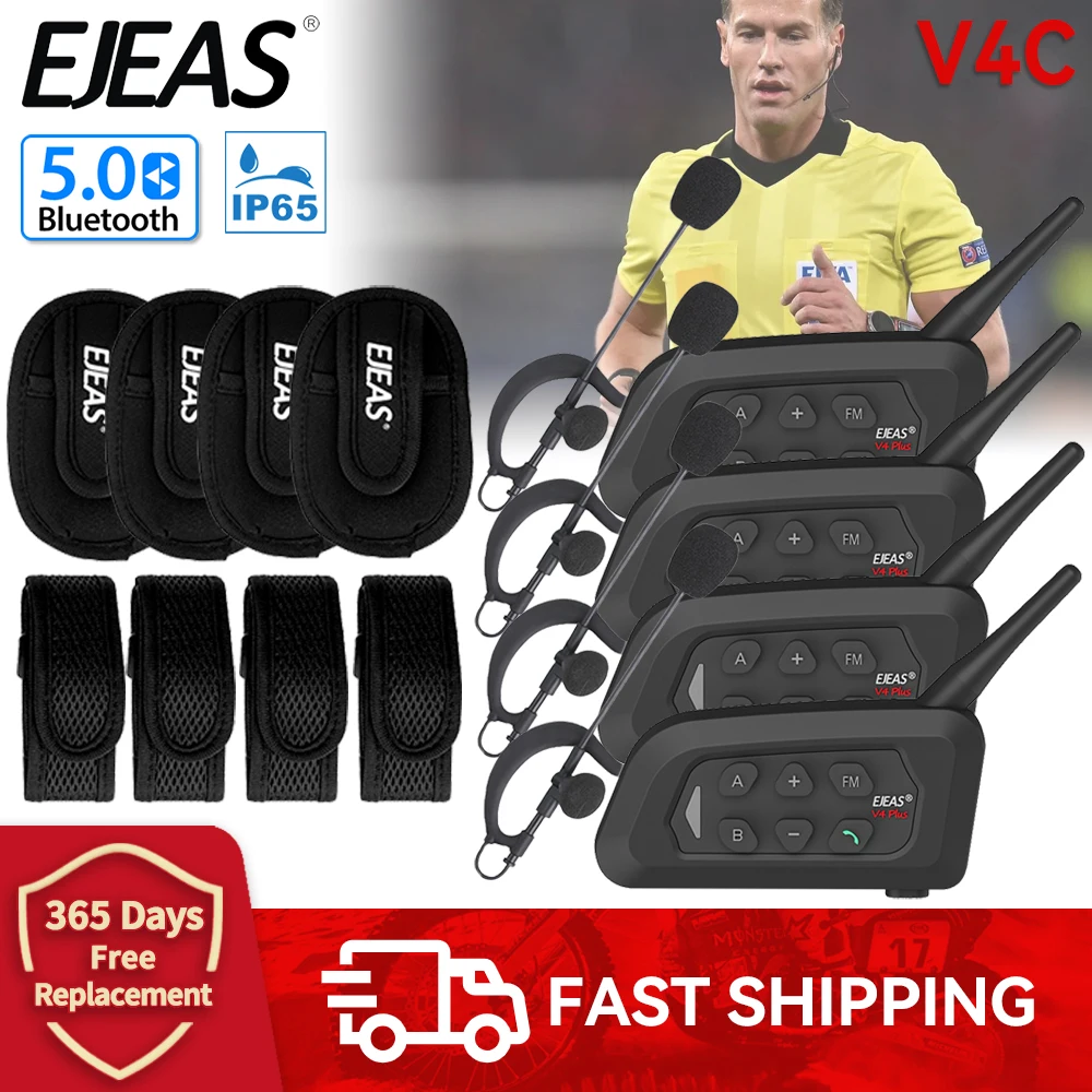 EJEAS V4C PLUS x4 Football Referee Intercom Headset V4C 1500M Full Duplex Best 4 Users Bluetooth Headset Microphone Interphone