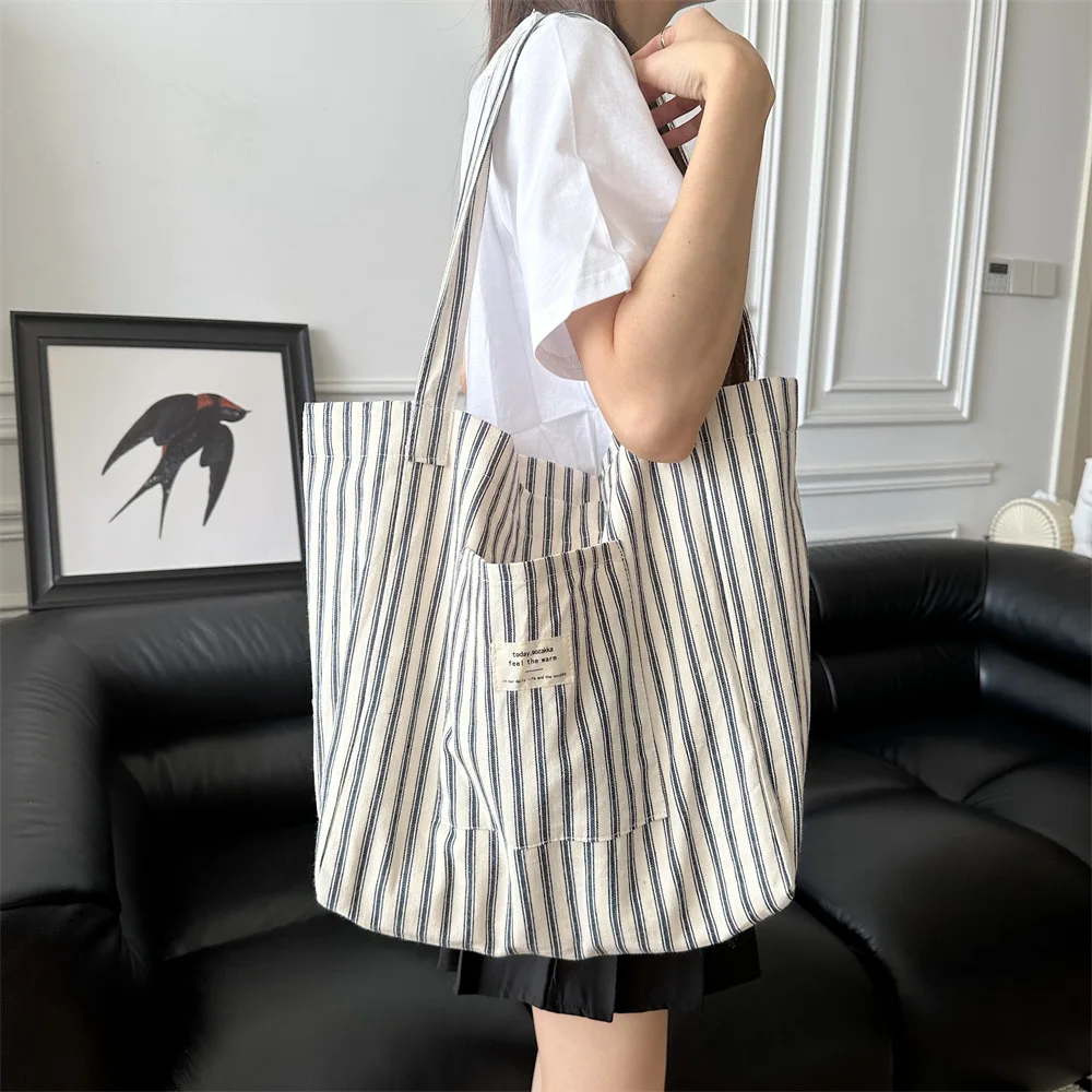

Multifunctional Travel Tote Bag for Women Large Capacity Canvas Shopper with Shoulder Simple Striped Casual Handbag