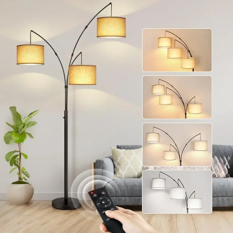 HOME.Curved LED floor lamp with remote control, dimmable modern black 3 light arched tall floor lamp