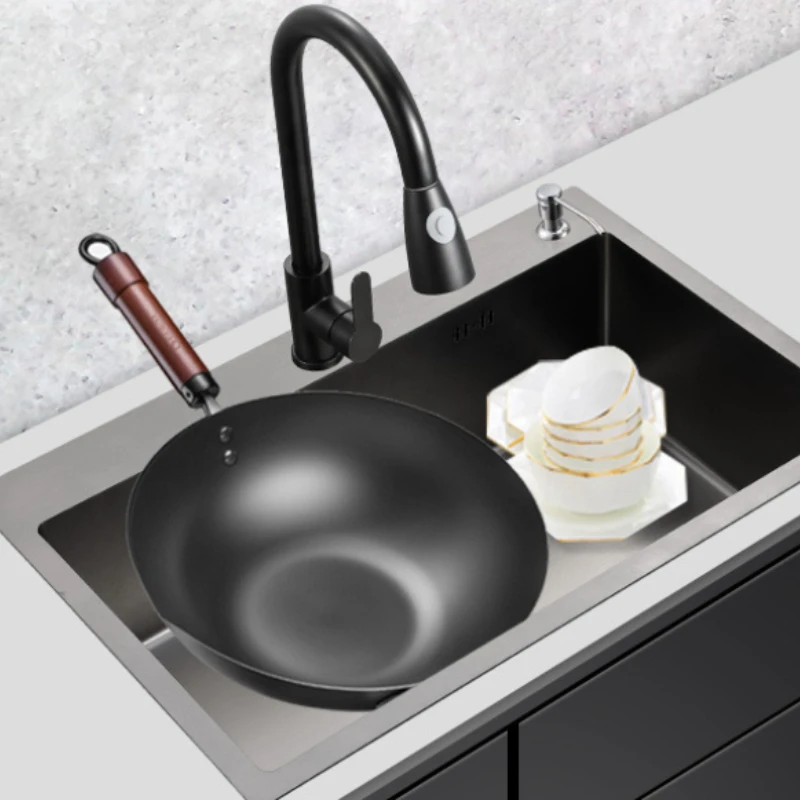 Black Single Bowl 304 Stainless Steel Sink with Pullout Faucet, Nano Coated Scratch, Easy Clean, for Home Kitchen Commercial Use