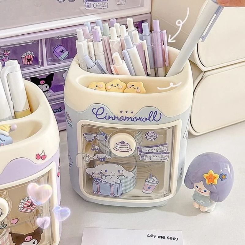 Miniso Sanrio Desktop Storage Box Kids Stationery Pen Holder Kuromi Cinnamoroll Melody Sticker for School Storage Organizer Gift