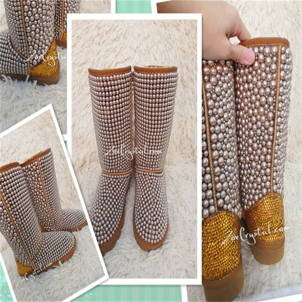 Custom high cylinder pearl splicing rhindiamone female fur luxury women's large size warm snow boots 35-44