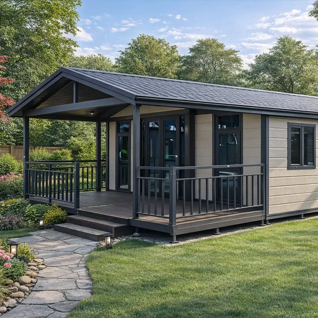 Casas Prefabricadas Expandibles en China, Casa Pequeña de 2 Dormitorios con Techo Inclinado y Terraza, Casa Rodante Pequeña
