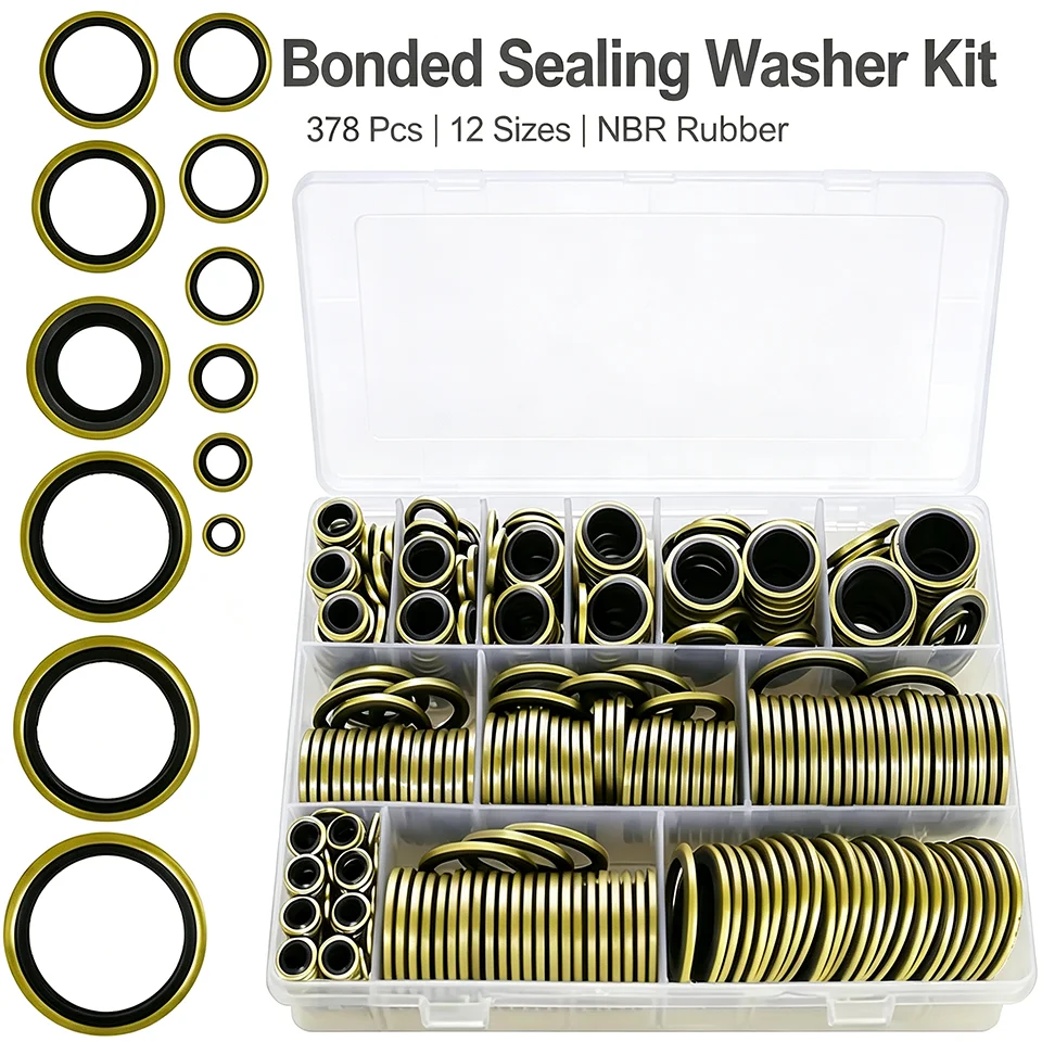 378Pcs Bonded Seal Washer Kit NBR Rubber Metal Gasket Assortment Set Hydraulic Pneumatic Fuel Line Oil Pipe Drain Plug Seals
