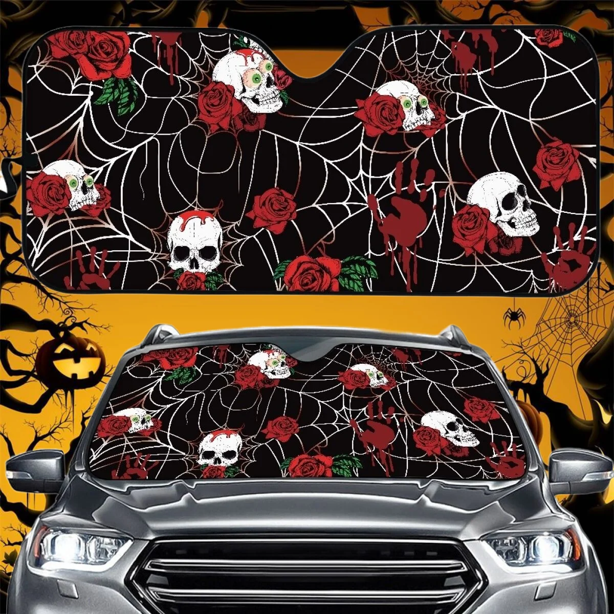 Gothic Skull/Rose/Spider Web/Cat Printing Auto Sun Shade for Women Halloween Decor Automotive Interior Accessories Parasol Coche