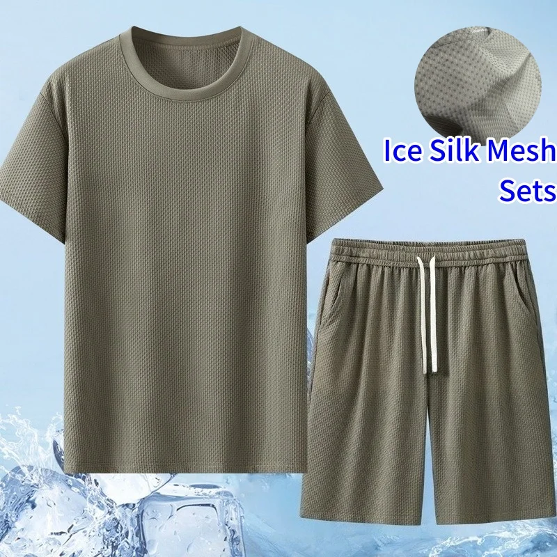 

Summer Men's Ice Silk T-shirt Shorts Sets Round Neck Mesh Bamboo Cool Breathable Short Sleeve Tees and Loose Shorts Elastic Suit