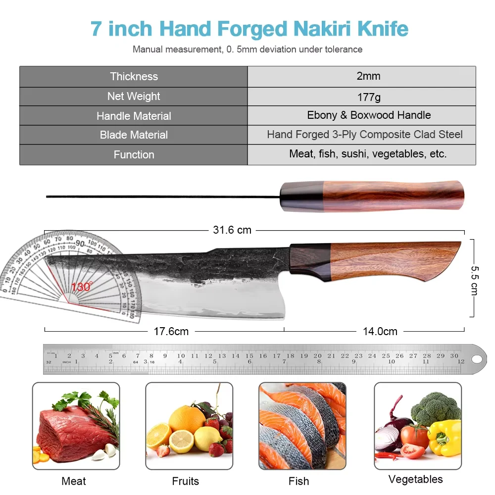 XITUO Japanese 7 Inch Nakiri Knife Triple-layer Composite Steel Sharp Hand Forge Kitchen Cooking Knife For Slicer Meat,Vegetable