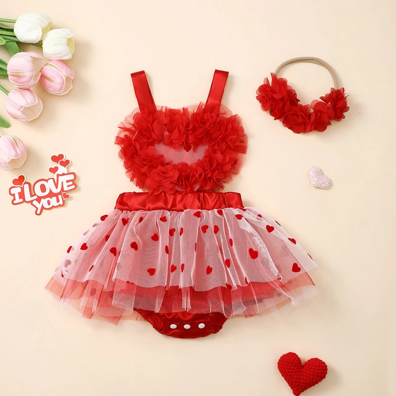 Baby Girls Valentine’s Day Outfits Summer Baby Kawaii Romper Dress Sleeveless Heart Print Tulle Romper with Headband Sets