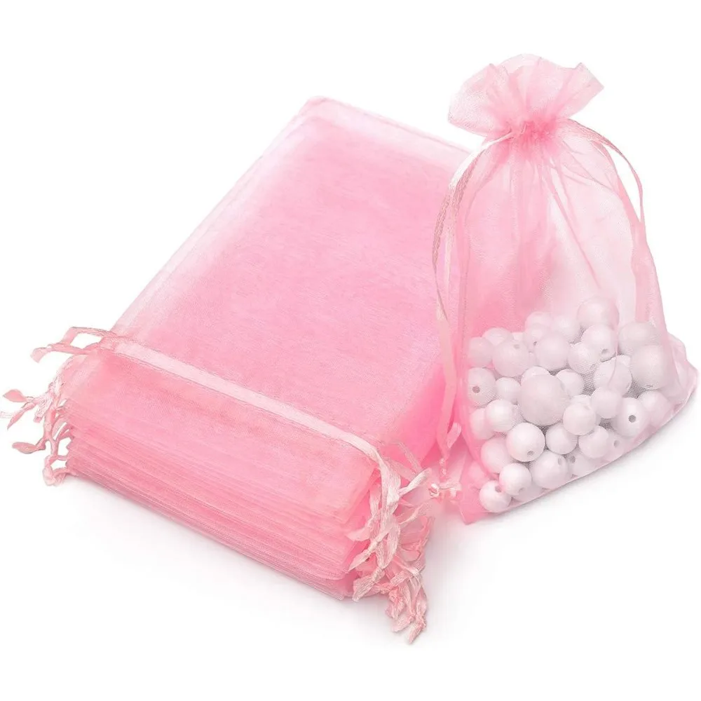 50Pcs Pink Organza Drawstring Jewelry Pouches Gift Bags For Wedding Party Christmas Festival Gifts Festival Candy Bags Packaging