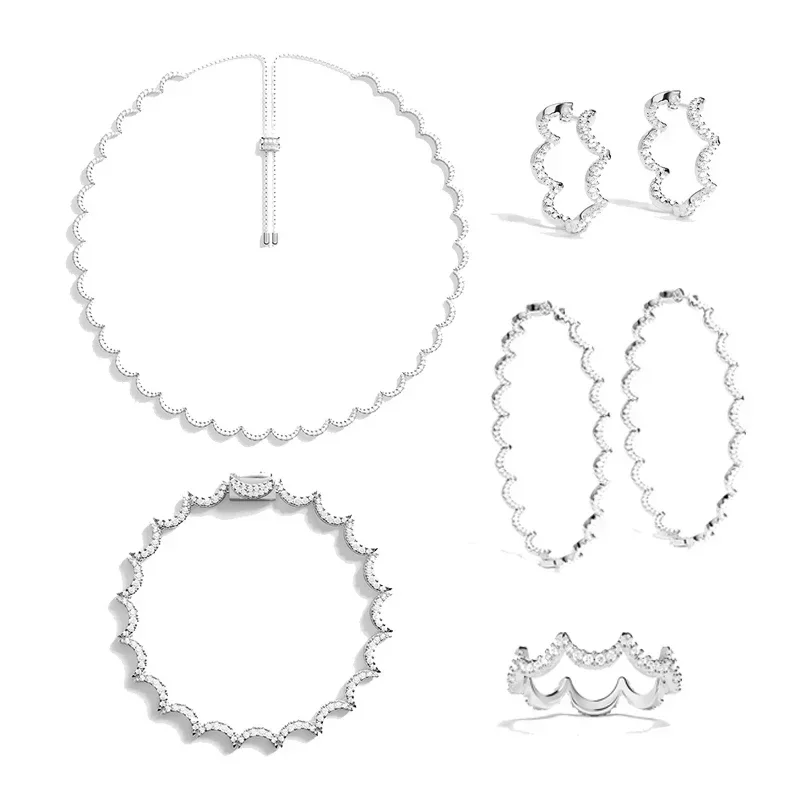 

S925 Sterling Silver Wave Moon Shape Earrings Ring Bracelet Necklace Women Luxury Personality Fashion Wedding Party Jewelry