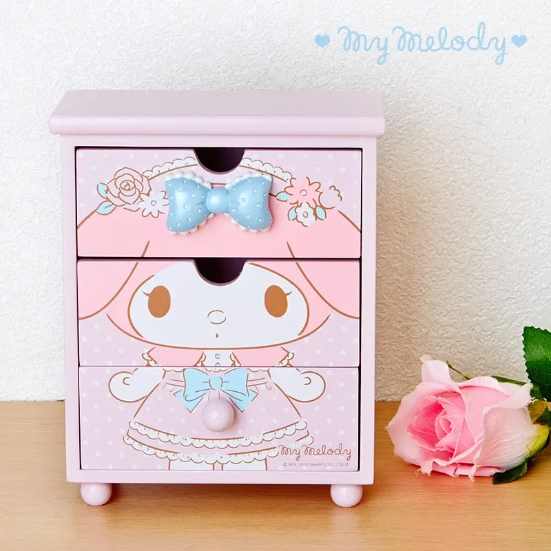 

Sanrio Kawaii My Melody Wooden Drawer Jewelry Box Little Twin Stars Anime Cartoon Sturdy Bedroom Desktop Organizing Storage Rack