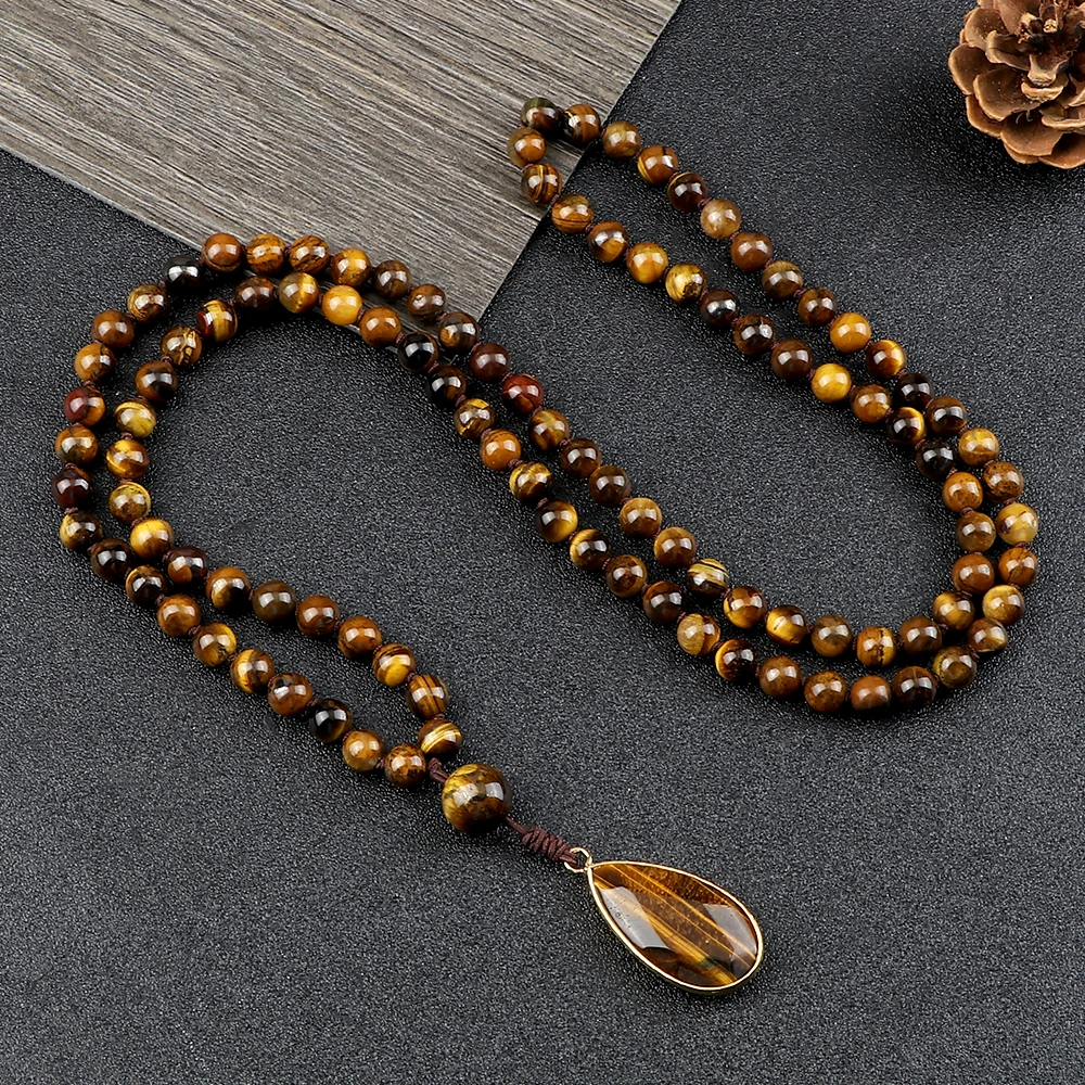 Винтажное дизайнерское ожерелье из камня тигровый глаз 6 мм 108 мала бусины ручной работы ожерелья подвеска-капля для женщин и мужчин ювелирные изделия для йоги подарки