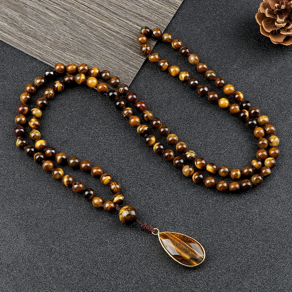 Vintage Design Tiger Auge Stein Halskette Handmade Knotted 6mm 108 Mala Perlen Halsketten Drop Anhänger Frauen Männer Yoga Schmuck geschenke