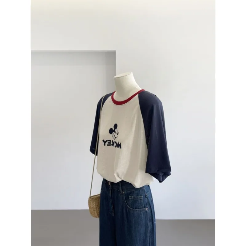 

Women's Summer American Retro Mickey Print Color Block Collar Crew Neck Raglan Sleeve Snow Cotton Casual Short Sleeve T-Shirt