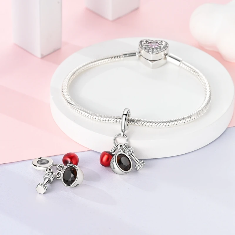 Actual 925 sterling silver coffee red apple dumbbell weight loss Charm Fit DIY bracelet necklace fitness women's daily Gift