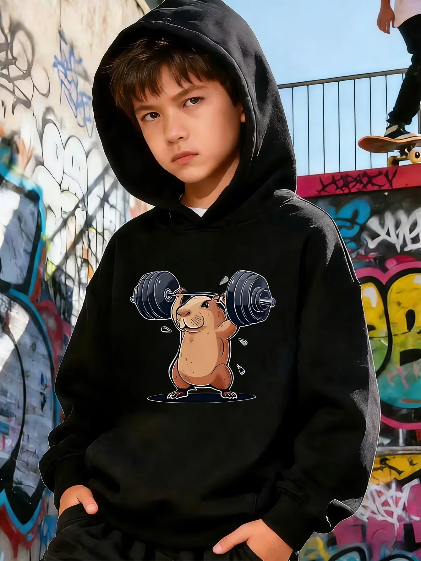 Kids Boys Girls Ocean Sun Graphic Hoodie Black Printed Geometric Sweatshirt School Clothes Birthday Present Autumn Tops