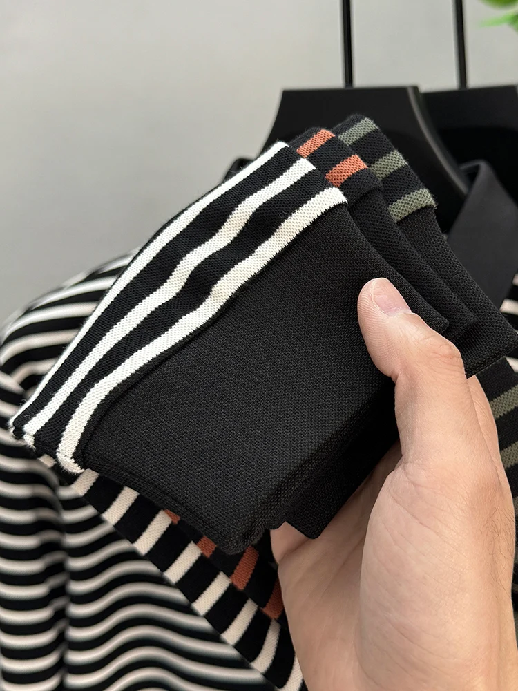 High-end Polo Shirt Men\'s Striped Business Casual Printed Long-sleeved Fashion Spring Autumn Lapel T-shirt Hot stamping Tops