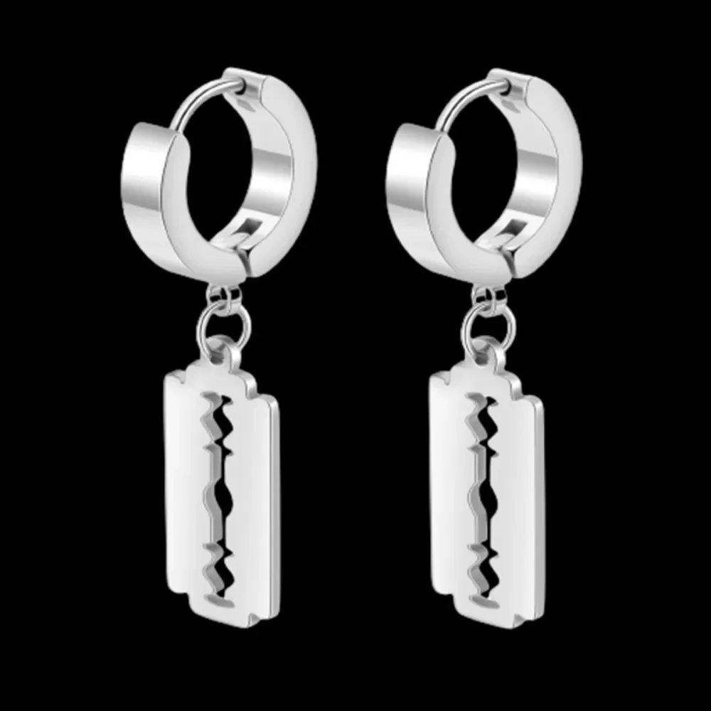 Punk Personality Silver Color Stainless Steel Razor Blade Pendant Hoop Earrings for Women Men Couple Hip-hop Street Jewelry Gift