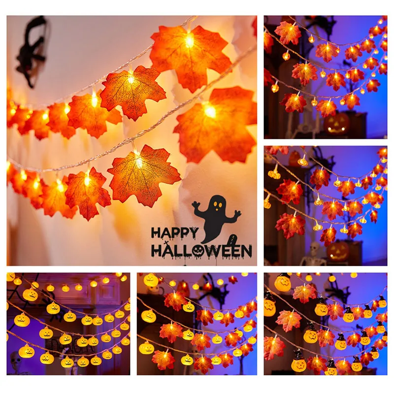 

10/20/40 Led Lights Fall Garland With Pumpkin Maple Leaf String Lights For Halloween Christmas Party Indoor Outdoor Decoration
