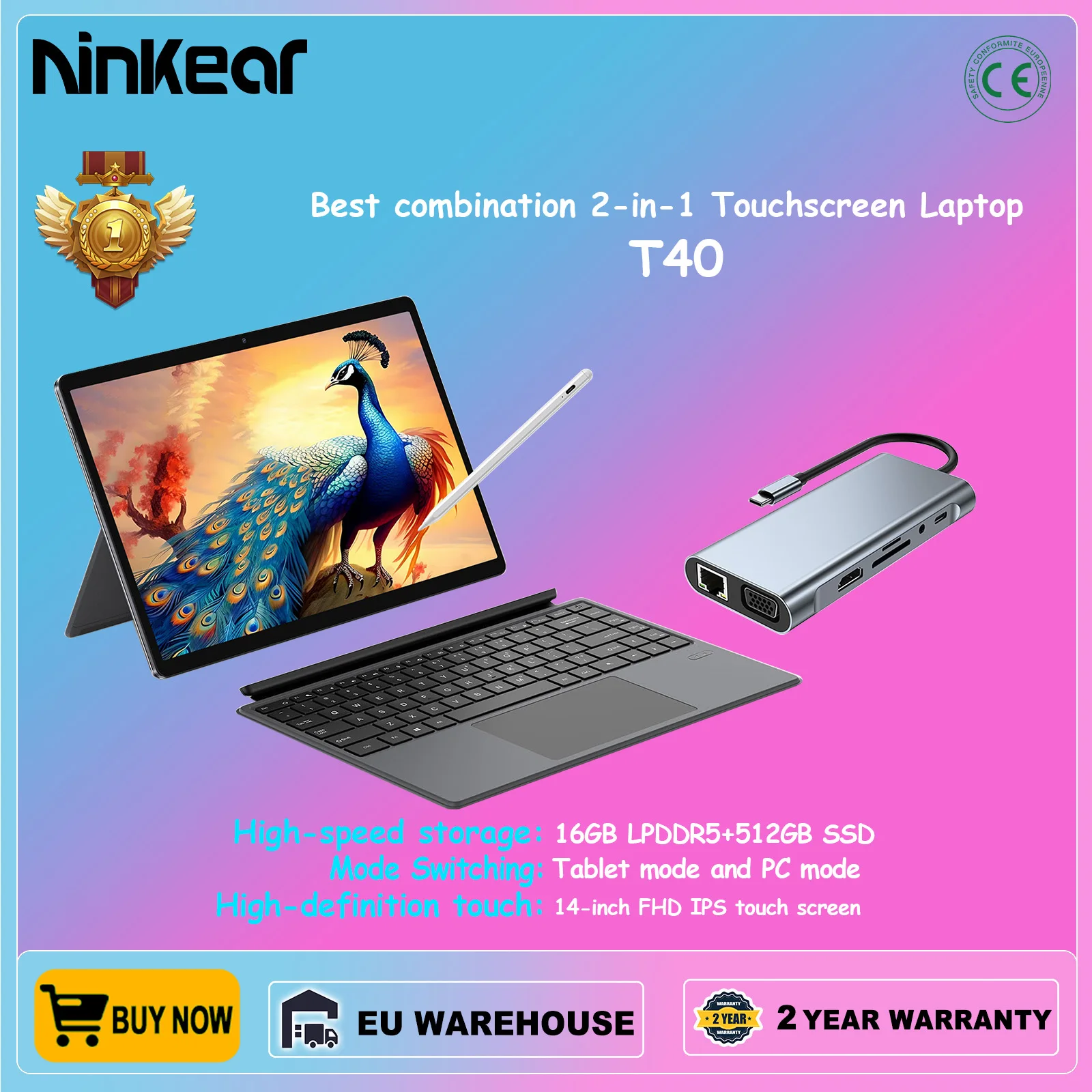 Ninkear t40 Laptop Touchscreen 2 in 1 Tablet Intel n100 14 Zoll fhd 16GB DDR5 512GB SSD WiFi 6 RGB Tastatur mit Hintergrund beleuchtung und Stift