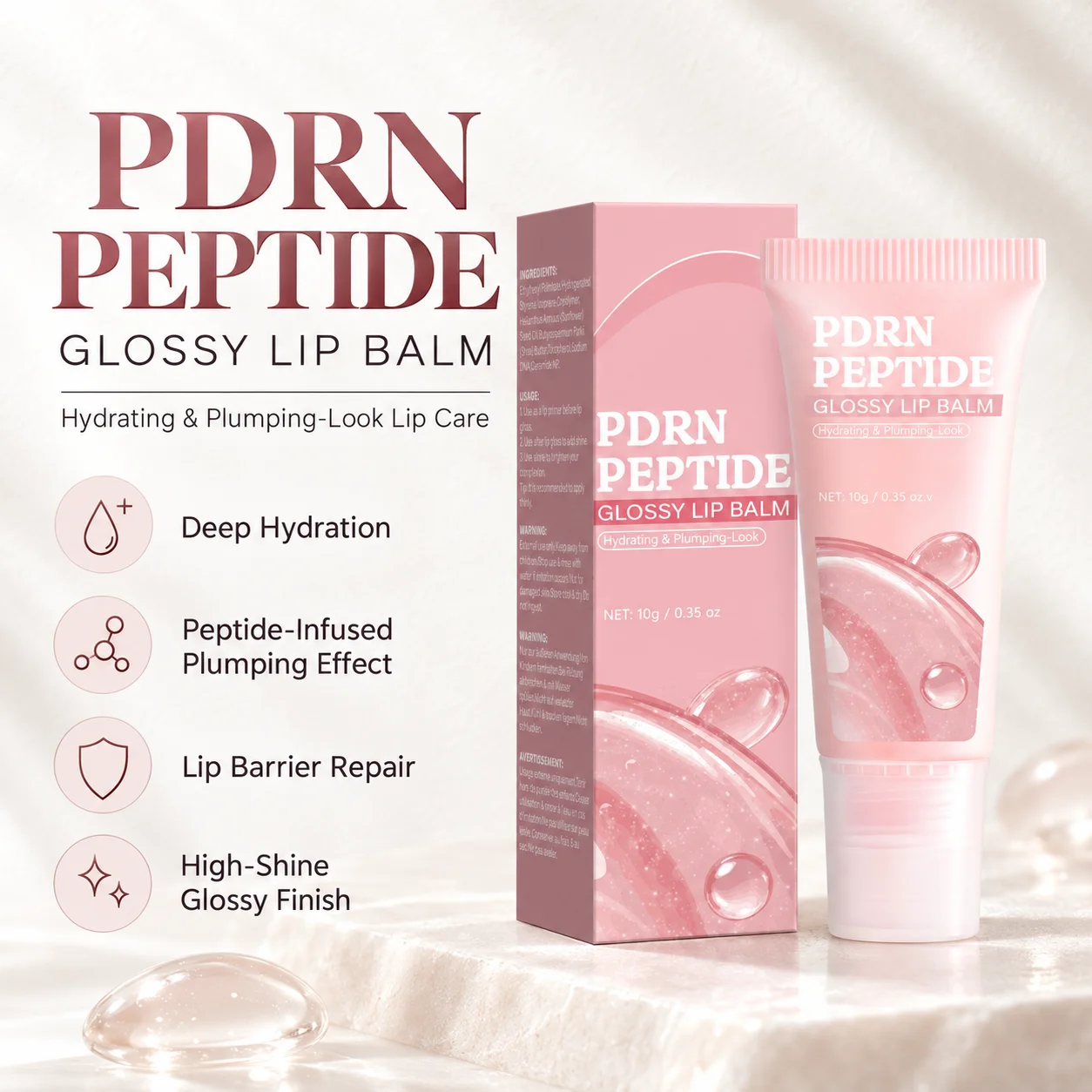 PDRN Peptide Glossy Lip Balm 10g, Hydrating Plumping Lip Gloss for Dry Lips, High Shine Moisturizing Lip Treatment for Soft Smoo