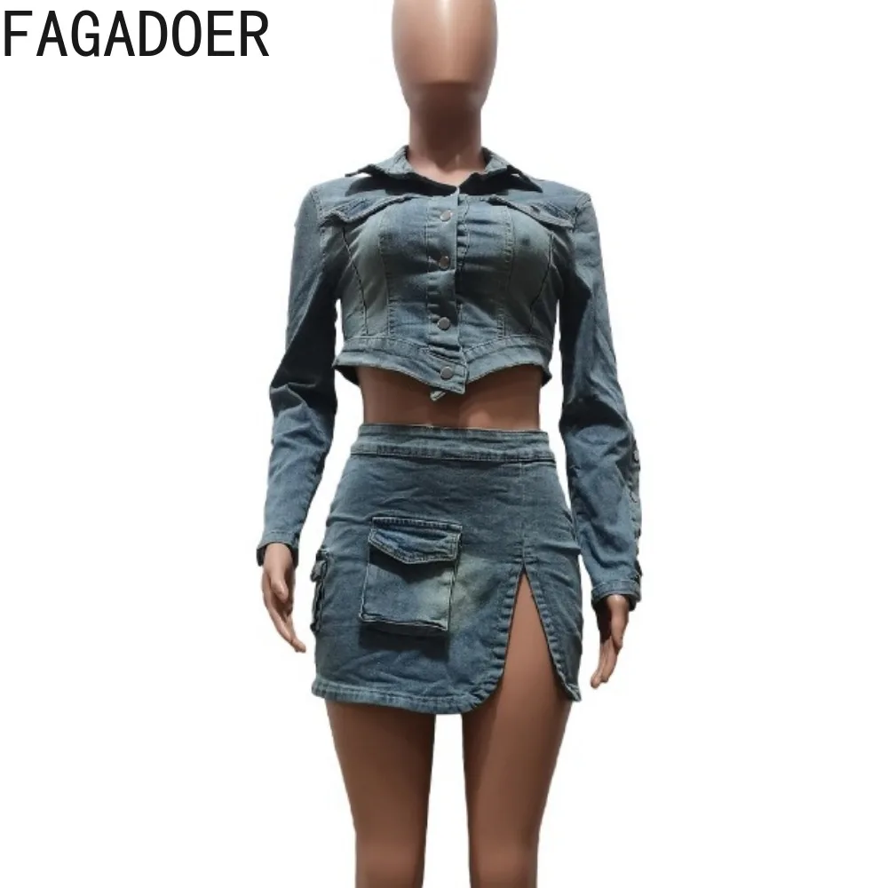 FAGADOER Fashion Streetwear Women Denim Button Long Sleeve Irregular Crop Top And Mini Slit Skirt Outfits Female Cowboy Clothing