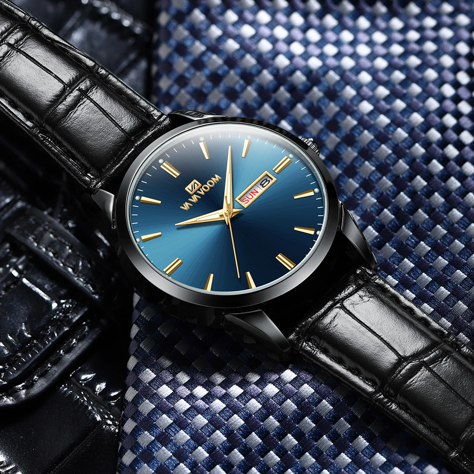 VA VOOM Classic Men Watch Week Quartz Movement Black Leather 3Bar Waterproof Military Style Sports Clock Business Dress Watches