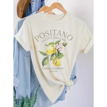 Positano 레몬 프린트 패션 티셔츠, 반팔, 크루넥, 캐주얼 탑, 유니섹스, 빈티지, 과일, 여름 