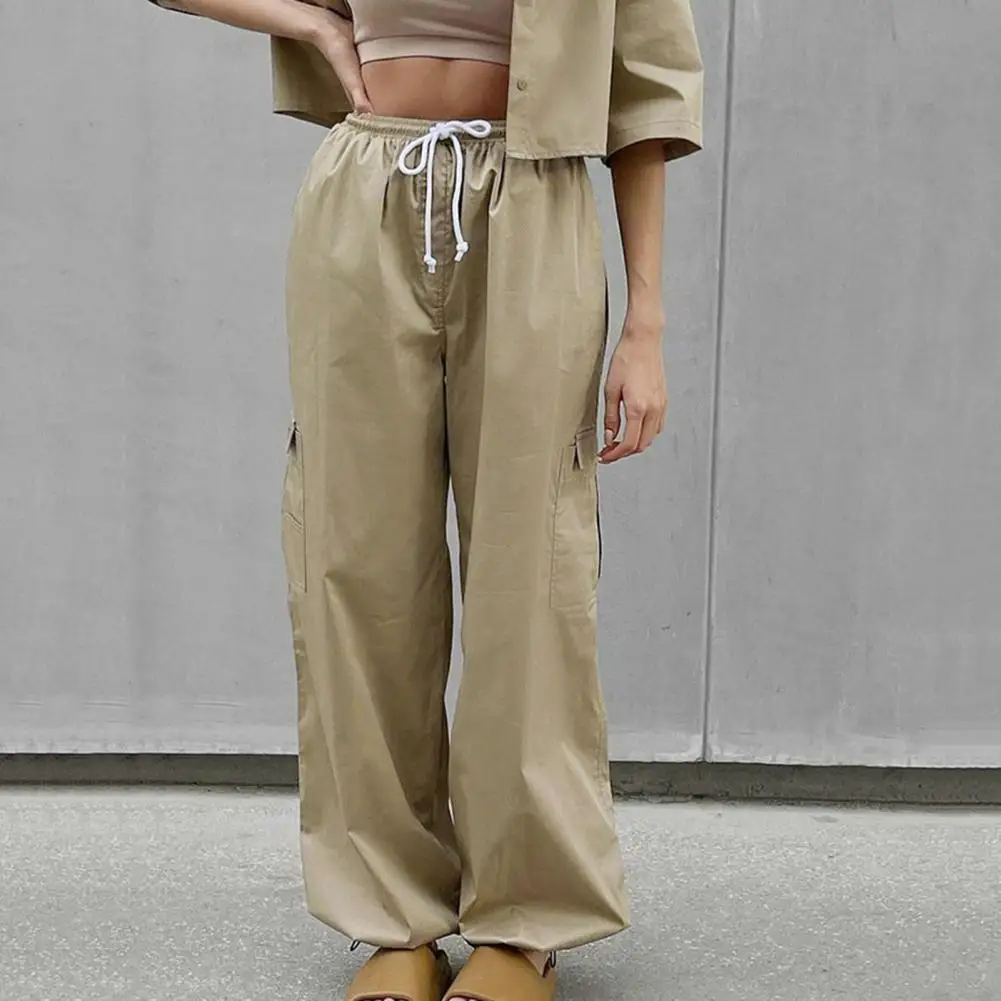 

Elastic Waist Drawstring High-Waist Solid Color Cargo Pants Multi Pockets Wide Leg Ankle Banded Women Baggy Slacks Streetwear