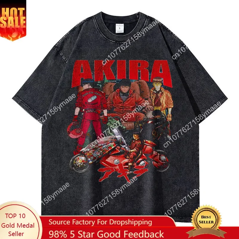 Anime Akira T-shirts Oversized Streetwear Vintage Washed Kaneda Shoutarou T Shirt Short Sleeve Retro Manga Tops Tees Men Cotton