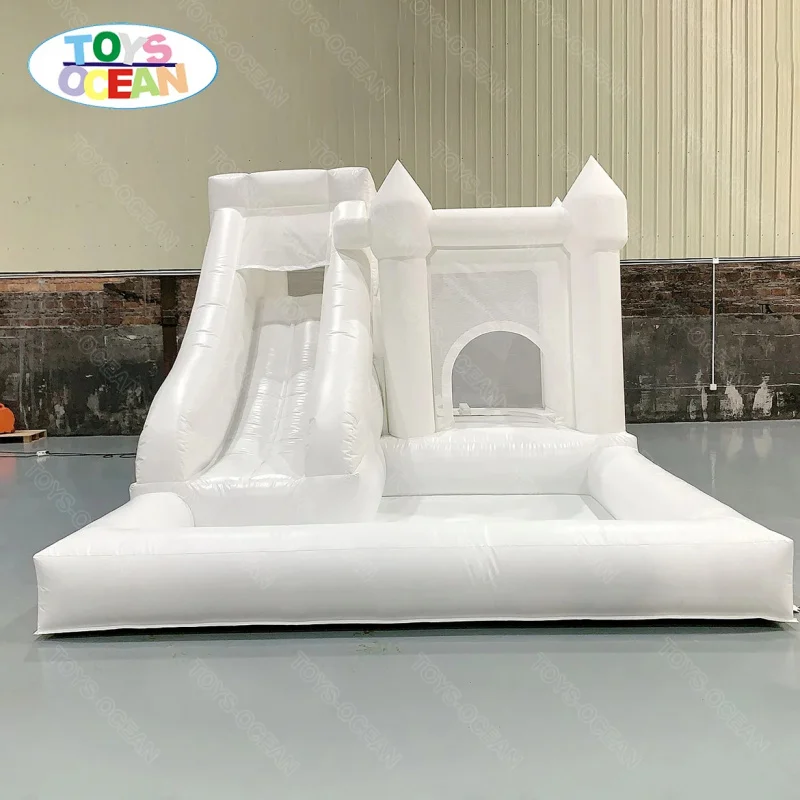 Commercial White PVC Inflatable Soft Play Castle Ball Pit Slide and Pool for Kids Includes Blower Accessory