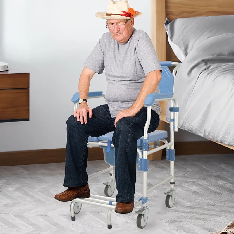 Wheeled Toilet Chair Bath Shower Commode Disabled Elderly Mobile  Stool Aluminum Alloy Blue