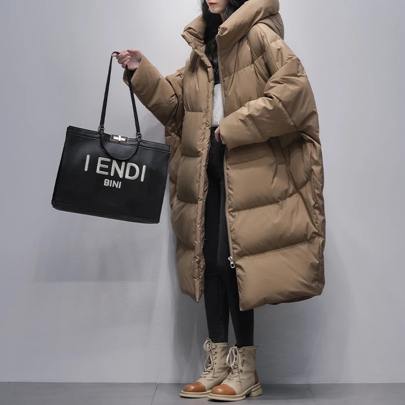 

Hooded Over Knee Down Jacket Womens Winter Jackets 2023 New White Duck Down Coat Female Thicken Warm Outwear Loose Casual Parkas