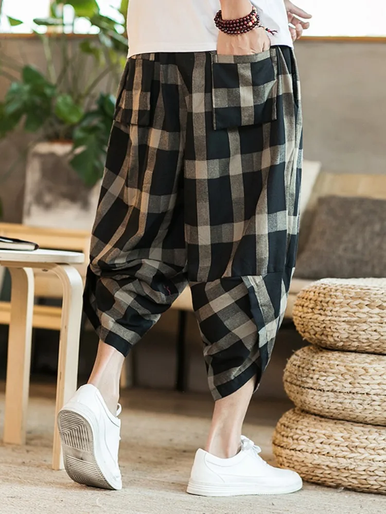 

Loose Fit Summer Men's orts Linen Plaid 97% Pants Ethnic Sle Casual Wear Breathable Comfortable Youthful Trendy