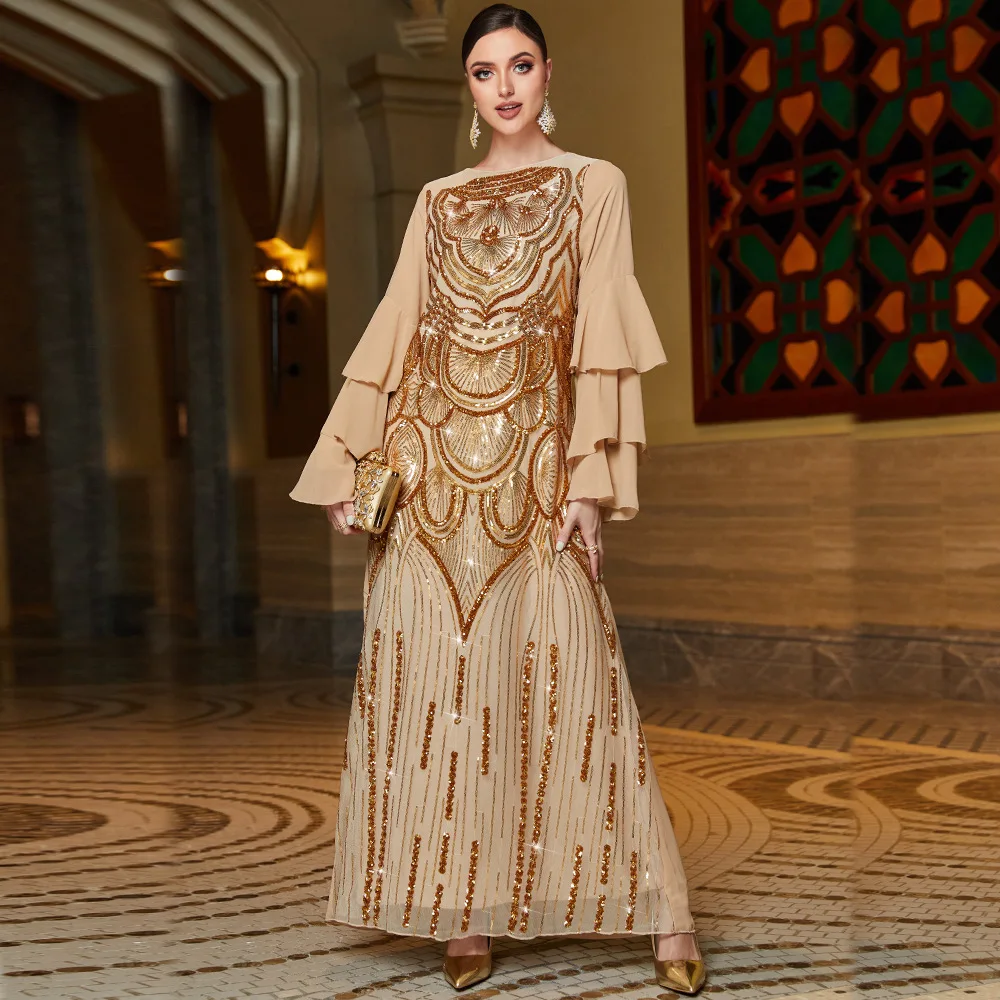 

Sequin Embroidery Evening Dress for Women Elegant Gold Multi-tiered Ruffled Sleeves High Quality Abayas Islam Moroccan Kaftan