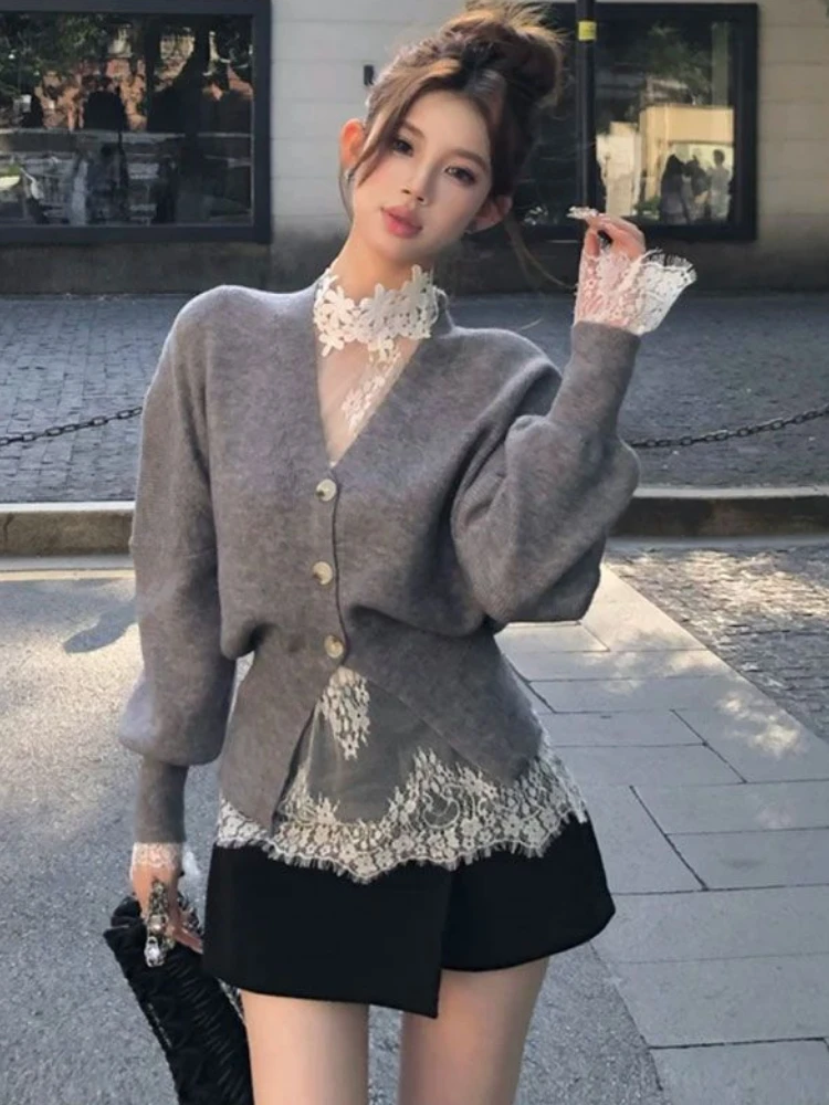 High-end Grey Knitted Cardigan Spring Autumn Winter Soft Sweater Women Design Luxury Coats Long Sleeve Tops Design Jumper Chic