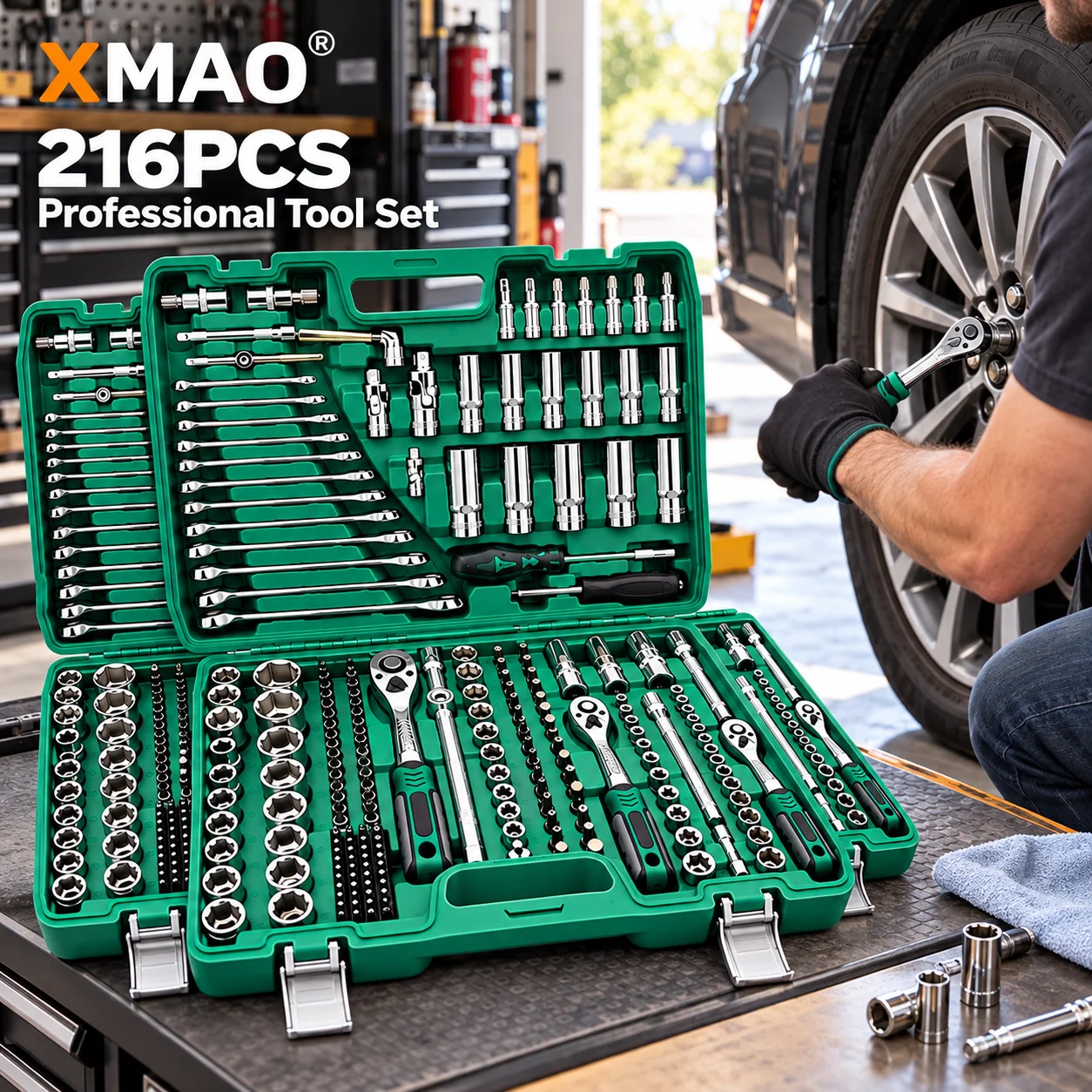 216 Piece Mechanics Tool Set, CR-V Socket and Ratchet Wrench Kit with 1/4