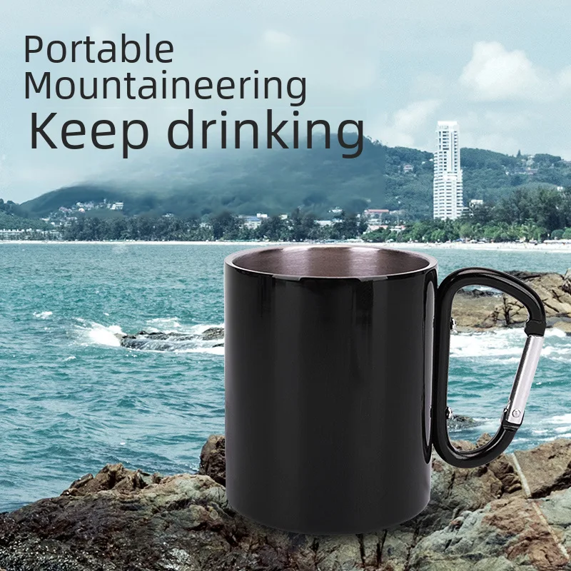 Foreign trade double-layer stainless steel outdoor camping water Cup mountaineering buckle handle mug lettering logo coffee cup