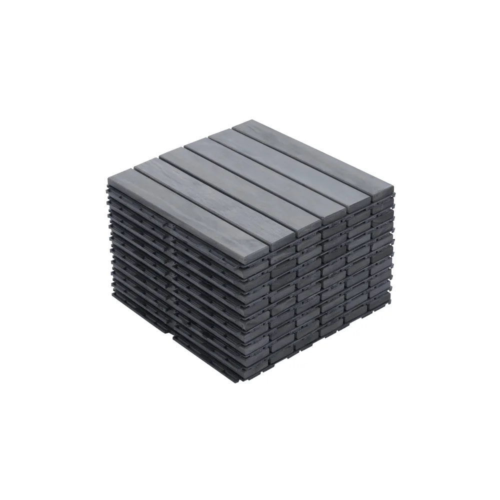 

10 PCS Interlocking Deck Tiles Striped Pattern, 12" x 12" Square Light Gray Acacia Hardwood Outdoor Flooring for Patio, Bancony